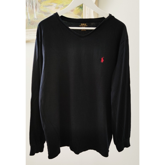 POLO RL navy v-neck long-sleeved shirt w/ red logo - Picture 1 of 3